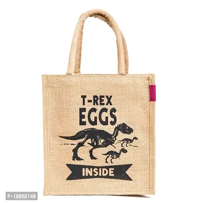 WMM Craft H&B Unisex Multipurpose Waterproof Jute Lunch T-rex eggs inside print Bags,11x9x6-Inch(Beige)