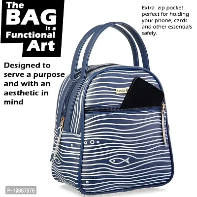 SACCI MUCCI Multipurpose Lunch Bag with Adjustable Strap a Perfect Office Bag for Women - Simple Fishes and Waves (Navy Blue)-thumb4