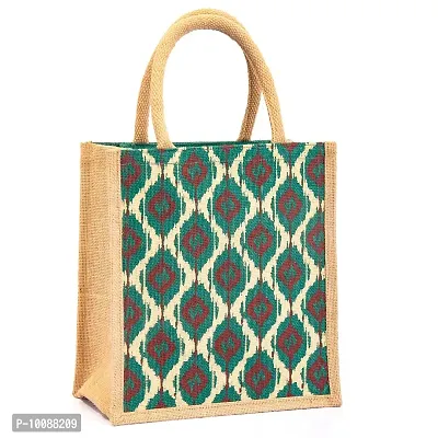 H&B Jute Lunch Bag – Jute Bag for Lunch, Bags for Men, Bags for Girls, Travel Bag, Bag for Women, Jute Handbags for Girls – Zip, Bottle Holder – Ikat Print (Natural & Green)