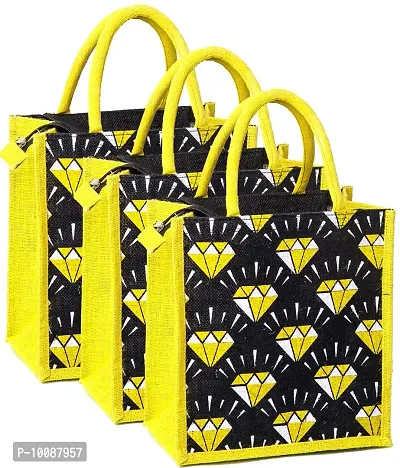 H&B Jute bag for lunch box – Jute handbag, jute tote, jute lunch bags for office, tiffin bags for office, Printed jute bag – ZIP, BOTTLE HOLDER – Diamond (Combo of 3 - Black)-thumb0