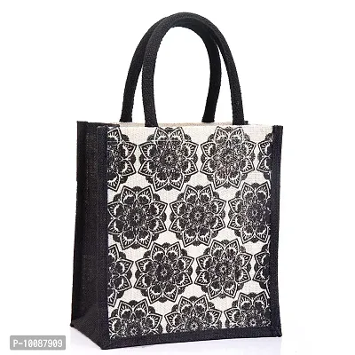 H&B Jute Lunch Bag ? Jute Bag for Lunch, Bags for Men, Bags for Girls, Travel Bag, Bag for Women, Jute Handbags for Girls ? Zip, Bottle Holder ? Mandala Print (White)