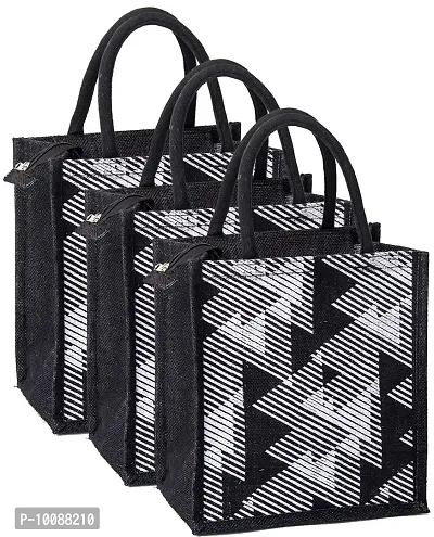 H&B Jute Tiffin bag – lunch bag for office, lunch bags for women, lunch bags for men, Jute bag for lunch, lunch box bags – ZIP, BOTTLE HOLDER – D. Line (Combo of 3 - Black)