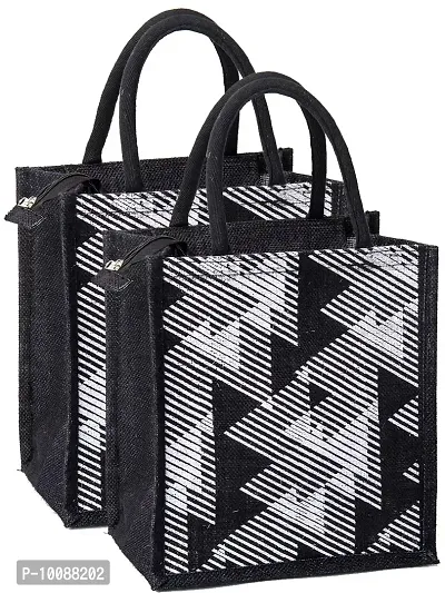 H&B Jute Tiffin bag – lunch bag for office, lunch bags for women, lunch bags for men, Jute bag for lunch, lunch box bags – ZIP, BOTTLE HOLDER – D. Line (Combo of 2 - Black)