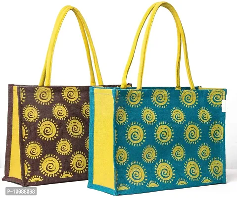 H&B Jute Shopping Bag - Designer Tote Bag | Trendy Bags | Shoulder Bag | Fashionable Tote | Office Bags | Grocery Bag | Handbag | Jute Bag | Reusable Bags - Combo of 2 (Combo Offer - Spiral -BRN-BLU)
