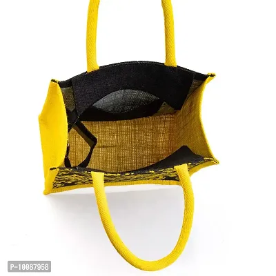 H&B Jute bag for lunch box ? Jute handbag, jute tote, jute lunch bags for office, tiffin bags for office, Printed jute bag ? ZIP, BOTTLE HOLDER ? Damask Design (Yellow & Brown)-thumb4