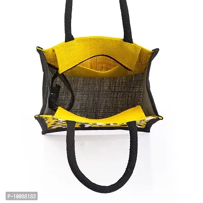 H&B Jute Bag for Lunch ? Jute Lunch Bag, Jute Handbag, Tote Bag, Printed Jute Bag, Designer Jute Bag, Tiffin Bag, Lunch Box Bag, Cute Lunch Bag ? Zip, Bottle Holder - Animal Skin Print(Yellow Black)-thumb3