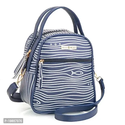 SACCI MUCCI Multipurpose Lunch Bag with Adjustable Strap a Perfect Office Bag for Women - Simple Fishes and Waves (Navy Blue)