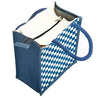 H&B Jute Lunch Bag ? Jute Bag for Lunch, Bags for Men, Bags for Girls, Travel Bag, Bag for Women, Jute Handbags for Girls ? Zip, Bottle Holder ? Check Design (2 Navy Blue)-thumb1