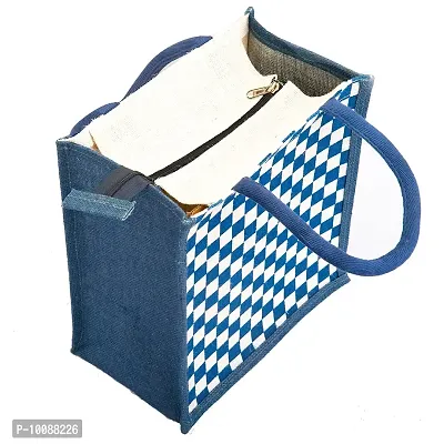 H&B Jute Lunch Bag ? Jute Bag for Lunch, Bags for Men, Bags for Girls, Travel Bag, Bag for Women, Jute Handbags for Girls ? Zip, Bottle Holder ? Check Design (2 Navy Blue)-thumb2