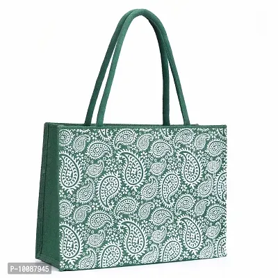 H&B Jute Bag ? Shopping Bag | Tote Bag | Carry Bag | Grocery Bag | Eco-Friendly Bag | Shoulder Bag | Handbag | Travel Bag | Beach Tote - Indian Paisley Design (Green)-thumb0