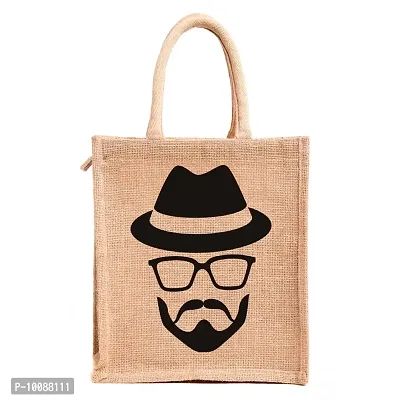 H&B Hipster-Handsome Hunk Printed Jute bags for lunch with Zip (Beige, Size:11x10x6 In)