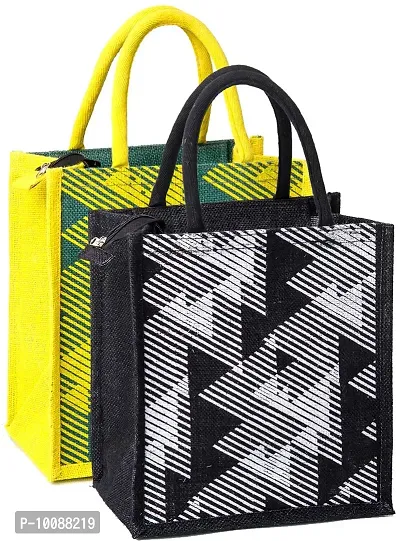 H&B Jute Tiffin bag – lunch bag for office, lunch bags for women, lunch bags for men, Jute bag for lunch, lunch box bags – ZIP, BOTTLE HOLDER – D. Line (Combo of 2 - Black, Green)