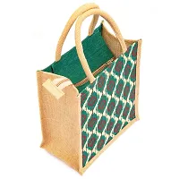 H&B Jute Lunch Bag – Jute Bag for Lunch, Bags for Men, Bags for Girls, Travel Bag, Bag for Women, Jute Handbags for Girls – Zip, Bottle Holder – Ikat Print (Natural & Green)-thumb1