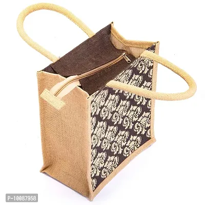 H&B Jute bag for lunch box ? Jute handbag, jute tote, jute lunch bags for office, tiffin bags for office, Printed jute bag ? ZIP, BOTTLE HOLDER ? Damask Design (Yellow & Brown)-thumb3