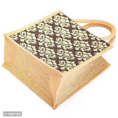 H&B Jute bag for lunch box ? Jute handbag, jute tote, jute lunch bags for office, tiffin bags for office, Printed jute bag ? ZIP, BOTTLE HOLDER ? Damask Design (Yellow & Brown)-thumb5