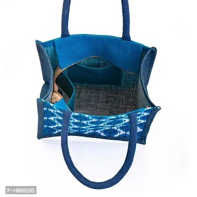 H&B Jute Lunch Bag ? Jute Bag for Lunch, Bags for Men, Bags for Girls, Travel Bag, Bag for Women, Jute Handbags for Girls ? Zip, Bottle Holder ? Ikat Print (Blue)-thumb3