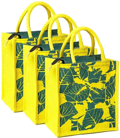 H&B Jute Lunch bag ? Jute bag for lunch, Bags for Men, Bags for girls, Travel bag, Bag for women, Jute handbags for girls ? ZIP, BOTTLE HOLDER ? Botanical (Combo of 3 - Green)
