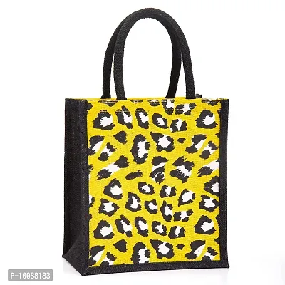 H&B Jute Bag for Lunch ? Jute Lunch Bag, Jute Handbag, Tote Bag, Printed Jute Bag, Designer Jute Bag, Tiffin Bag, Lunch Box Bag, Cute Lunch Bag ? Zip, Bottle Holder - Animal Skin Print(Yellow Black)-thumb0