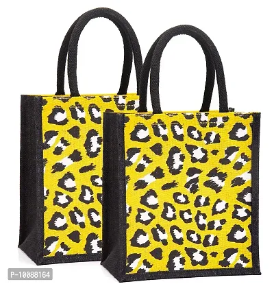 H&B Jute bag for lunch – jute lunch bag, jute handbag, tote bag, printed jute bag, designer jute bag, Tiffin Bag, lunch box bag, cute lunch bag – ZIP, BOTTLE HOLDER - Animal Skin Print (2 Yellow black)