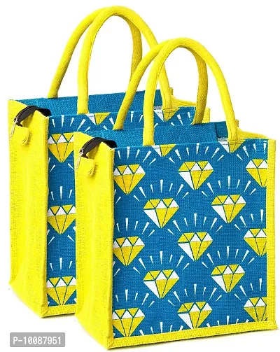 H&B Jute bag for lunch box – Jute handbag, jute tote, jute lunch bags for office, tiffin bags for office, Printed jute bag – ZIP, BOTTLE HOLDER – Diamond (Combo of 2 - Blue)