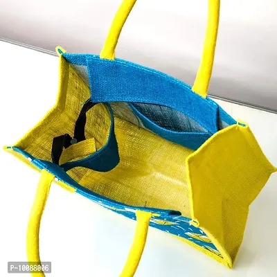 H&B Jute bag for lunch box – Jute handbag, jute tote, jute lunch bags for office, tiffin bags for office, Printed jute bag – ZIP, BOTTLE HOLDER – Diamond (Combo of 3 - Blue)-thumb3