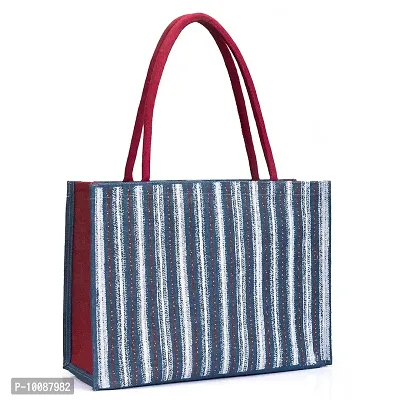 HB Jute Bag ? Shopping Bag | Tote Bag | Carry Bag | Grocery Bag | Eco-Friendly Bag | Shoulder Bag | Handbag | Travel Bag | Reusable Bag - Denim Strip Print (2 Bag)-thumb0