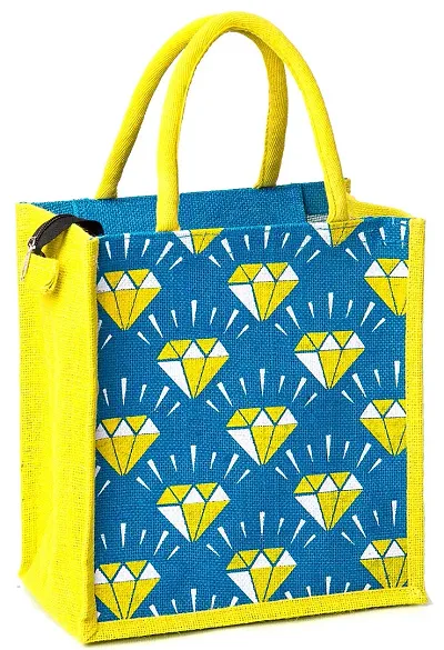 H&B Jute bag for lunch box – Jute handbag, jute tote, jute lunch bags for office, tiffin bags for office, Printed jute bag – ZIP, BOTTLE HOLDER – Diamond