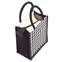 H&B Jute Bag for Lunch – Lunch Bag, Lunch Box Bag, Tiffin Bag, Tote Bag, Hand Bag - Bag for Men, Bag for Women, Girls Bag, Lunch Bag for Kids with Zip, Bottle Holder - Houndstooth Design (2B/W)-thumb1