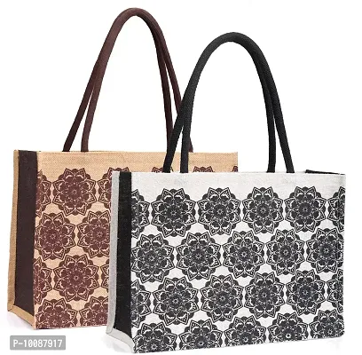 H&B Jute Shopping Bag ? Reusable Grocery Bag | Grocery Shopping Bag Large | Shopper Tote | Large Carry Bag ? Mandala Print (White and Brown)-thumb0