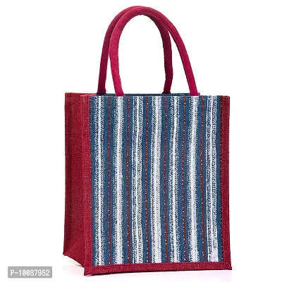 H&B Jute Bag for Lunch ? Jute Handbag, Jute Tote, Jute Lunch Bags for Office, Tiffin Bags for Office, Printed Jute Bag, Designer Jute Bag ? Zip, Bottle Holder ? Denim Strip (Navy Blue)-thumb0