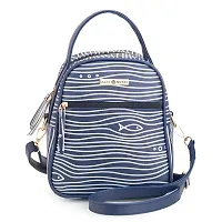 SACCI MUCCI Multipurpose Lunch Bag with Adjustable Strap a Perfect Office Bag for Women - Simple Fishes and Waves (Navy Blue)-thumb1