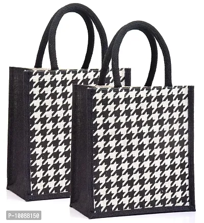 H&B Jute Bag for Lunch – Lunch Bag, Lunch Box Bag, Tiffin Bag, Tote Bag, Hand Bag - Bag for Men, Bag for Women, Girls Bag, Lunch Bag for Kids with Zip, Bottle Holder - Houndstooth Design (2B/W)-thumb0
