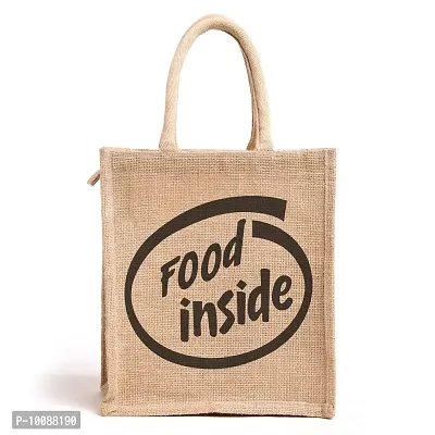 HB Food Inside Printed Jute Tote Tiffin Bags with Zip Medium Size ( Beige, Size: 11x10x6 in)