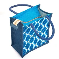 H&B Jute Lunch Bag ? Jute Bag for Lunch, Bags for Men, Bags for Girls, Travel Bag, Bag for Women, Jute Handbags for Girls ? Zip, Bottle Holder ? Ikat Print (Blue)-thumb1