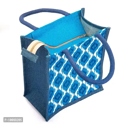 H&B Jute Lunch Bag ? Jute Bag for Lunch, Bags for Men, Bags for Girls, Travel Bag, Bag for Women, Jute Handbags for Girls ? Zip, Bottle Holder ? Ikat Print (Blue)-thumb2