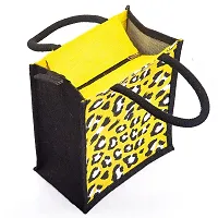 H&B Jute bag for lunch – jute lunch bag, jute handbag, tote bag, printed jute bag, designer jute bag, Tiffin Bag, lunch box bag, cute lunch bag – ZIP, BOTTLE HOLDER - Animal Skin Print (2 Yellow black)-thumb1