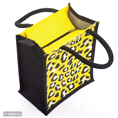 H&B Jute bag for lunch – jute lunch bag, jute handbag, tote bag, printed jute bag, designer jute bag, Tiffin Bag, lunch box bag, cute lunch bag – ZIP, BOTTLE HOLDER - Animal Skin Print (2 Yellow black)-thumb2