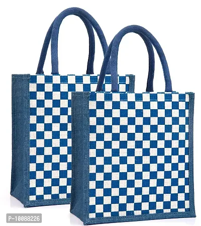 H&B Jute Lunch Bag ? Jute Bag for Lunch, Bags for Men, Bags for Girls, Travel Bag, Bag for Women, Jute Handbags for Girls ? Zip, Bottle Holder ? Check Design (2 Navy Blue)-thumb0