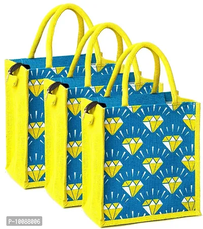 H&B Jute bag for lunch box – Jute handbag, jute tote, jute lunch bags for office, tiffin bags for office, Printed jute bag – ZIP, BOTTLE HOLDER – Diamond (Combo of 3 - Blue)-thumb0