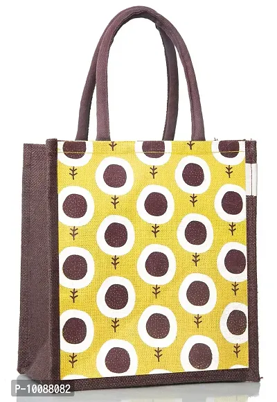 H&B Printed Jute Tote Bags with Zip for Lunch for Men ( Medium Size - Sunflower , Yellow )