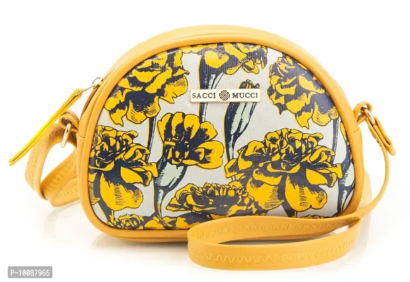 SACCI MUCCI Women's Rainbow Sling Bag - Vegan Leather and Cotton Canvas Fabric, Lightweight and Durable, floral Print (Mustard marigold)