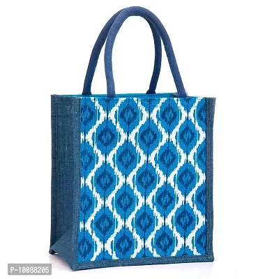 H&B Jute Lunch Bag ? Jute Bag for Lunch, Bags for Men, Bags for Girls, Travel Bag, Bag for Women, Jute Handbags for Girls ? Zip, Bottle Holder ? Ikat Print (Blue)-thumb0