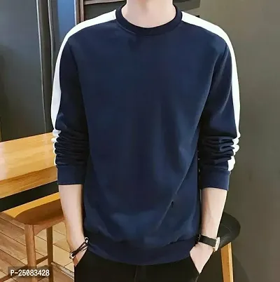 Reliable Navy Blue Cotton Blend Self Pattern Round Neck Tees For Men-thumb2