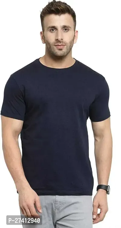 Reliable Navy Blue Polyester Solid Round Neck Tees For Men-thumb0