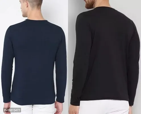 Stylish Cotton Blend Multicoloured Self Pattern Round Neck Tees Long Sleeves For Men Pack Of 2-thumb2