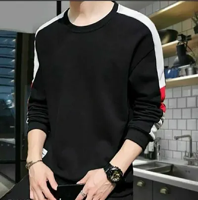 TP THUNDER PLANET Men's Pure Regular Fit Round Neck Full Sleeve Casual Color Block Tshirt (Black, L)(Black Chest Patti Full_XL)