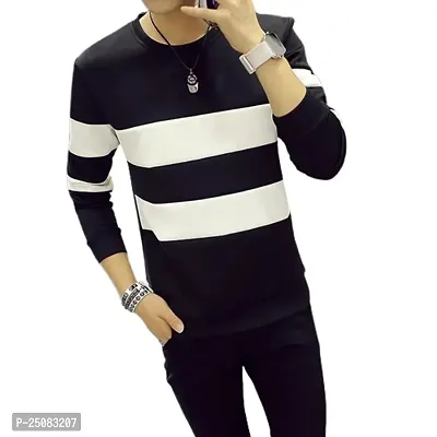 Reliable Black Cotton Blend Striped Round Neck Tees For Men-thumb0