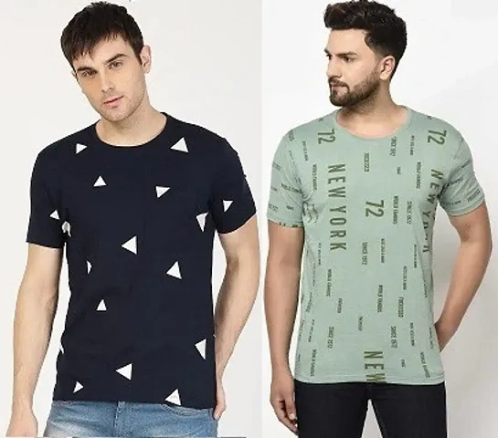 Trendy Stylish  Polycotton Printed Round Neck Half Sleeves  Tees For Men-Pack Of 2