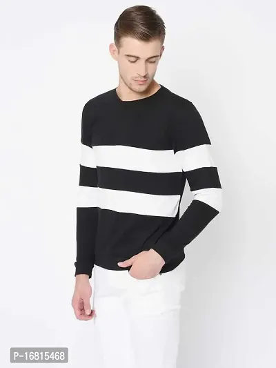 Reliable Black Cotton Blend Striped Round Neck Tees For Men-thumb4