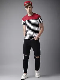 Reliable Maroon Cotton Blend Striped Round Neck Tees For Men-thumb2